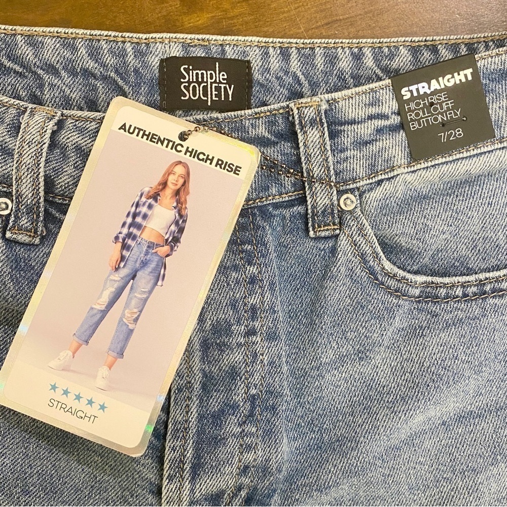 Simple Society NWT Sz 7 (28) Straight High Rise Roll Cuff Button Fly Women Jeans - Picture 6 of 11
